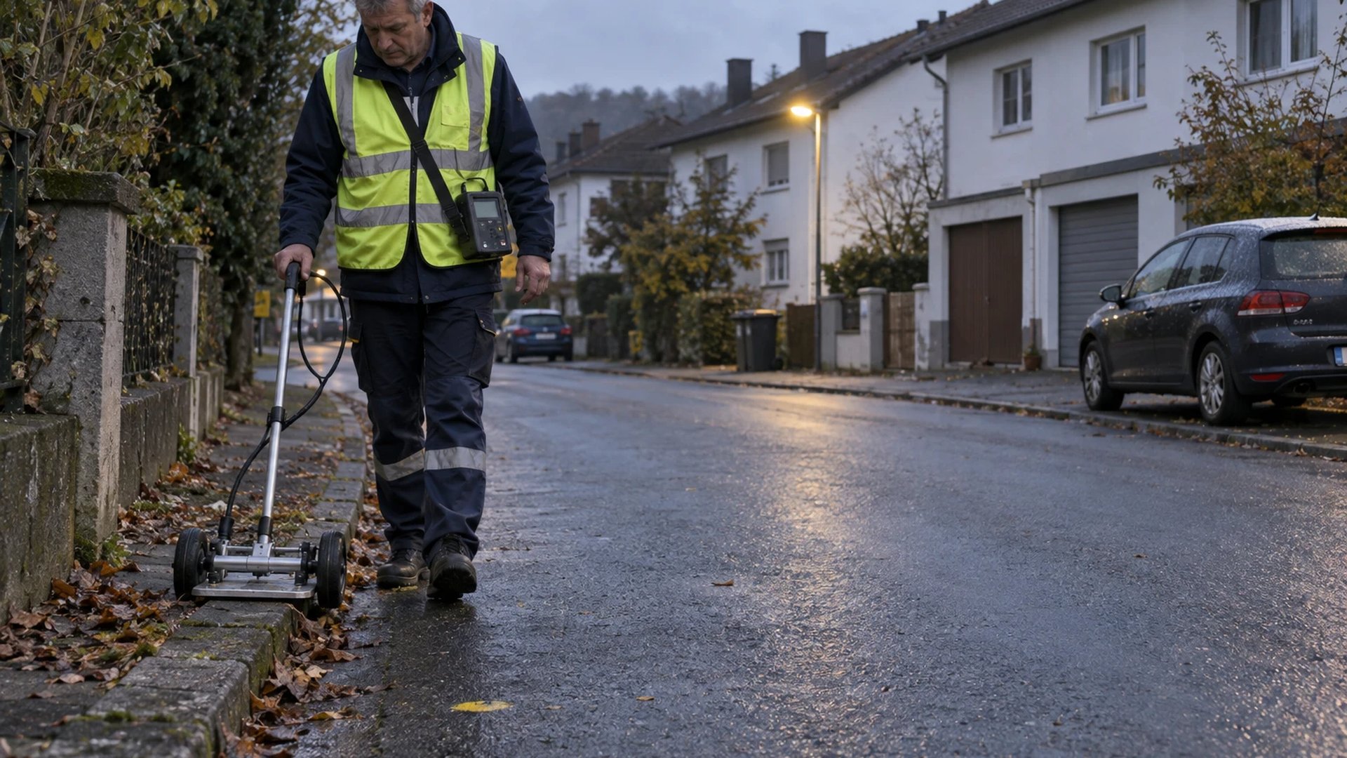 Gas network technician pushing a leak survey trolley along the kerb of a residential street at first light