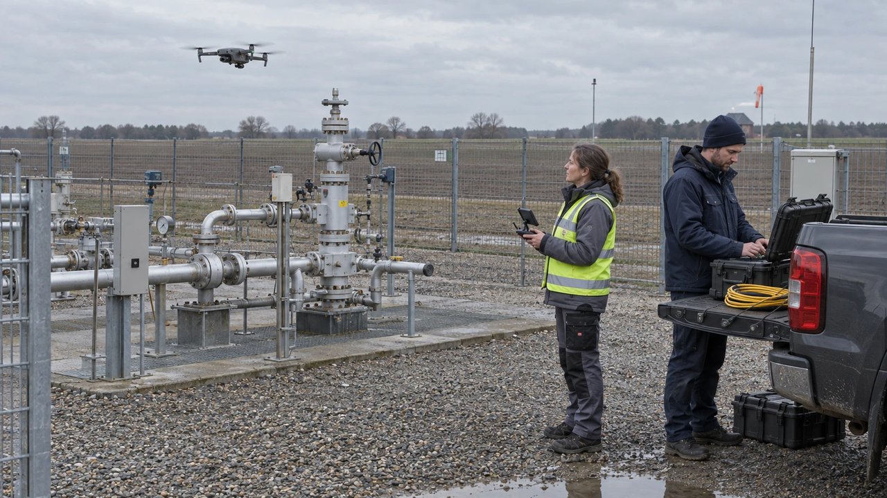 Measurement engineer flying a drone over the wellhead of an underground gas storage site while a colleague works the sensor case