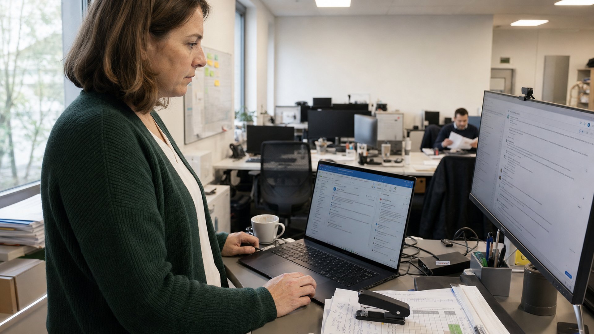 Project manager in a Munich open-plan office working on a laptop with Outlook and Copilot sidebar, second monitor showing a Teams meeting transcript