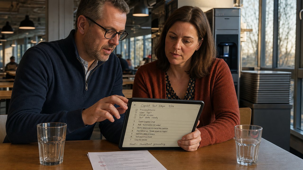 IT lead and business unit leader reviewing a handwritten Microsoft Copilot test checklist in a corporate canteen