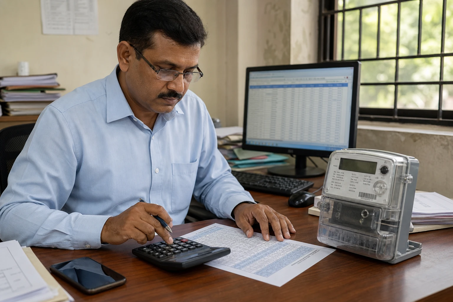 Utility back-office worker calculating the annual metering charges with a calculator, a modern digital electricity smart meter on the desk