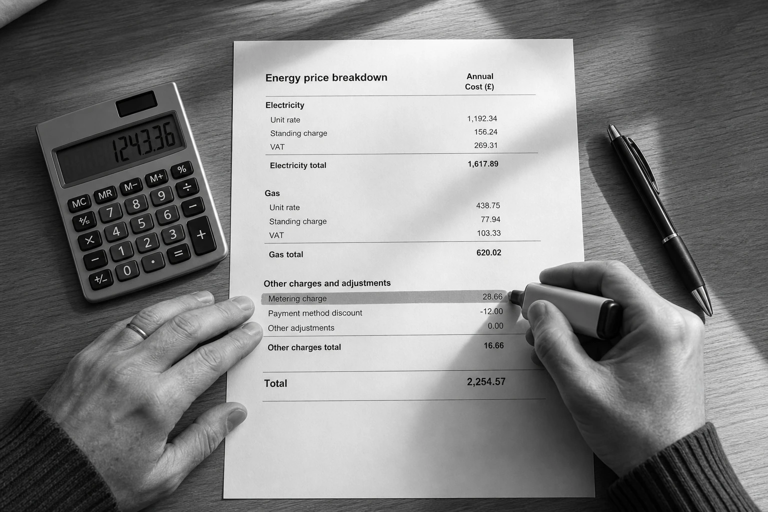Overhead view of a price sheet with a highlighted metering charge line and a calculator, black and white