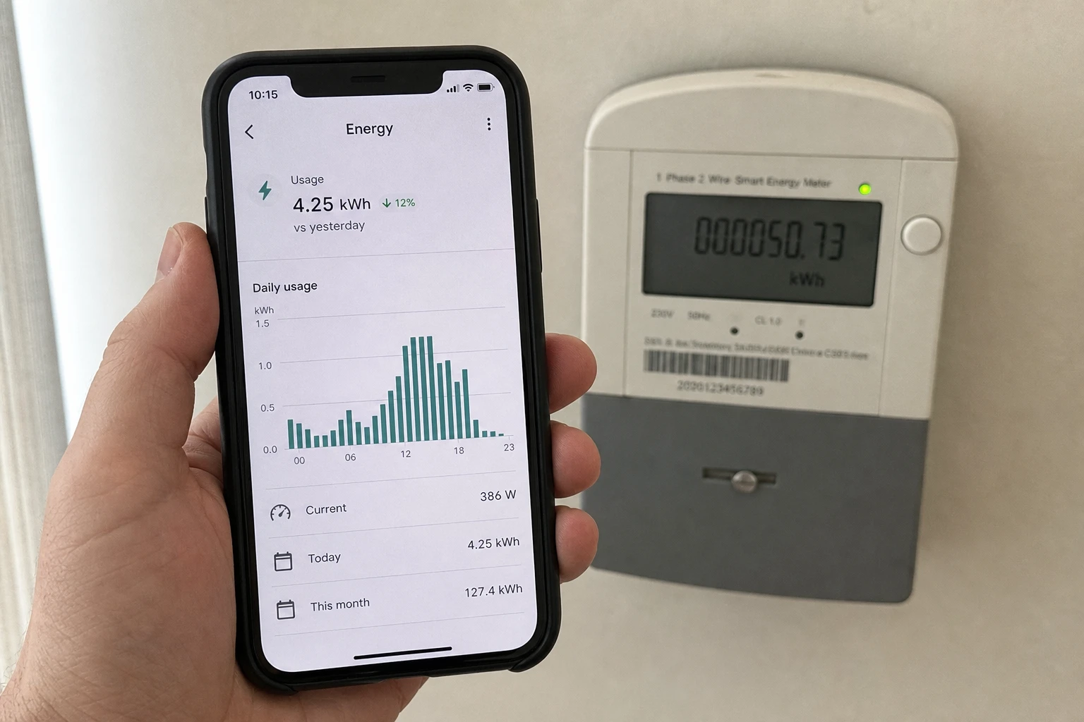 A hand holding a smartphone with an energy consumption app in front of a wall-mounted smart meter