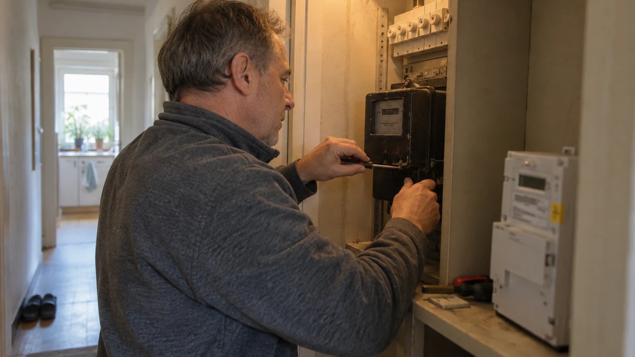 Technician unscrewing an old black Ferraris meter in the hallway cupboard of a terraced house, a new meter beside him