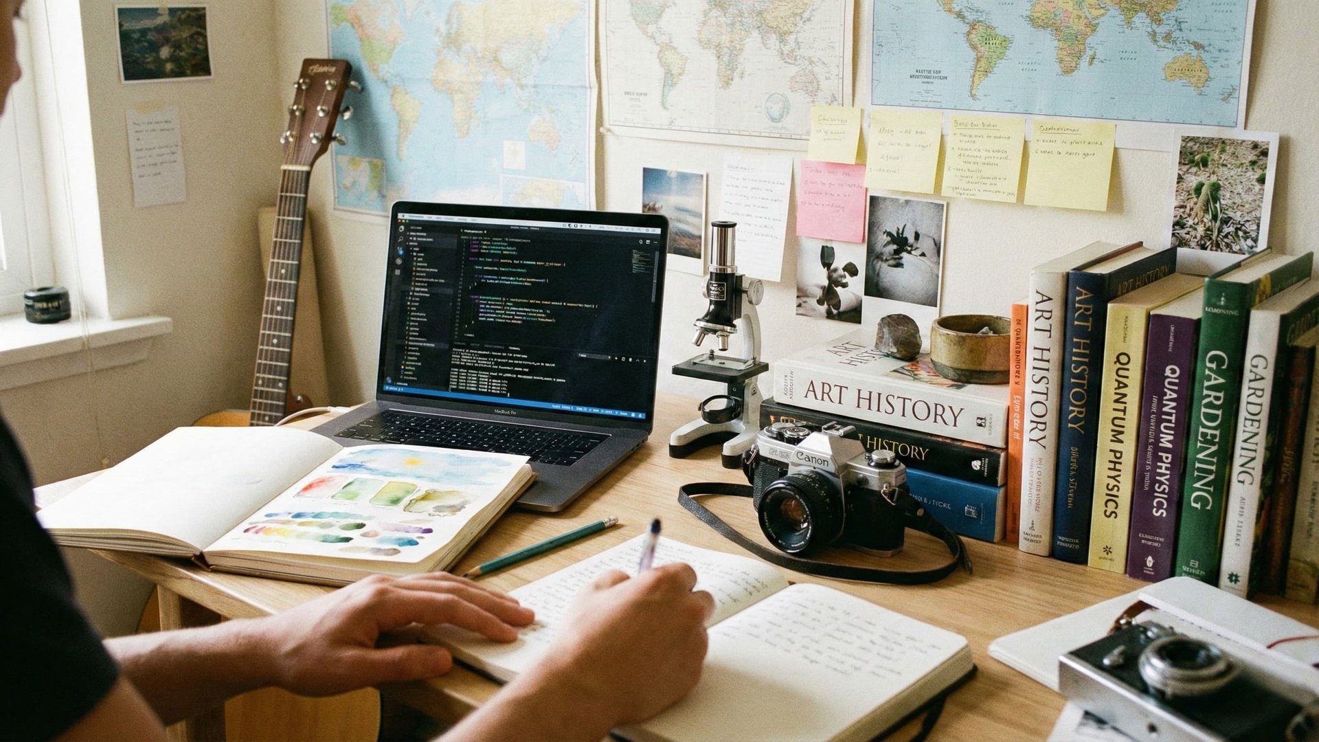 Versatile workspace with laptop, camera, microscope, books, and notebook symbolising multipotentialites and creative minds