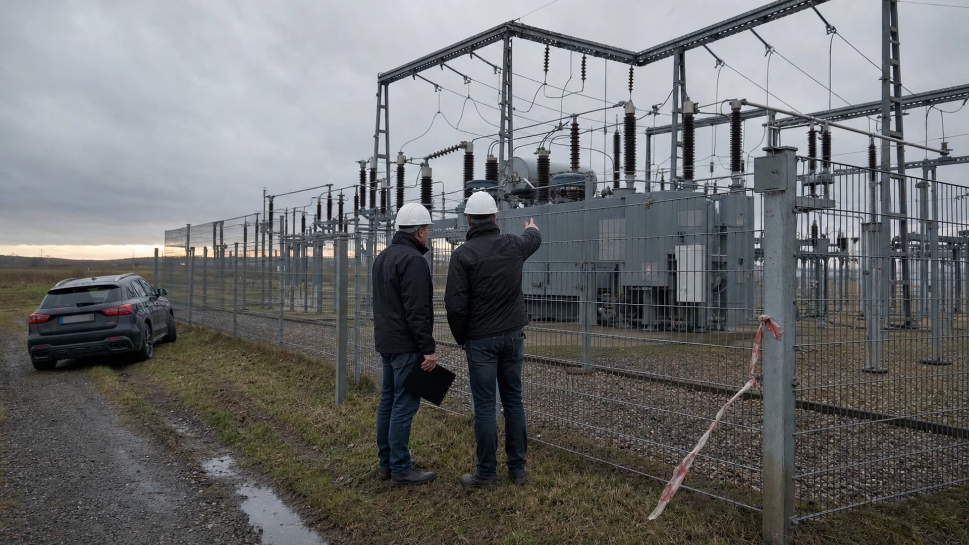Two engineers in helmets stand at the security fence of a high-voltage substation looking at transformers and steel gantries