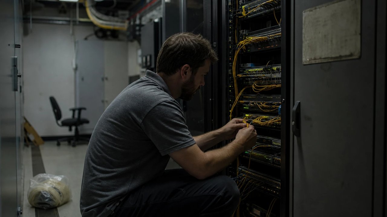 Technician traces a yellow patch cable in an open network cabinet next to a grid control centre