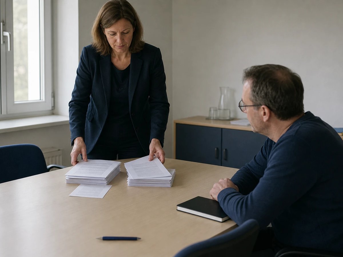 Employee sorts printed documents into two piles at a meeting table while a colleague sits beside her