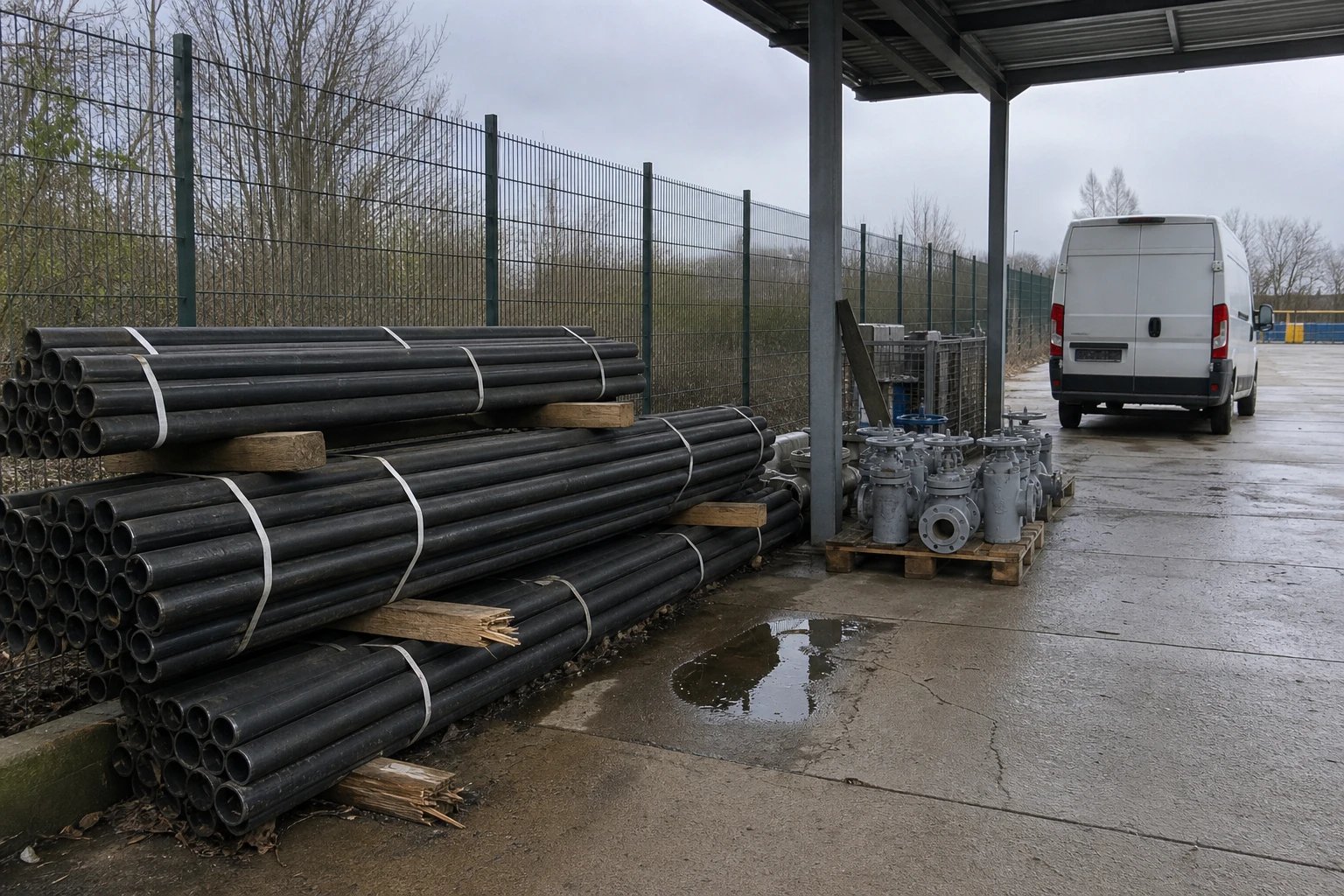 Bundled steel pipe stacked on timber bearers and a pallet of valve fittings under an open canopy in the depot yard of a gas grid operator
