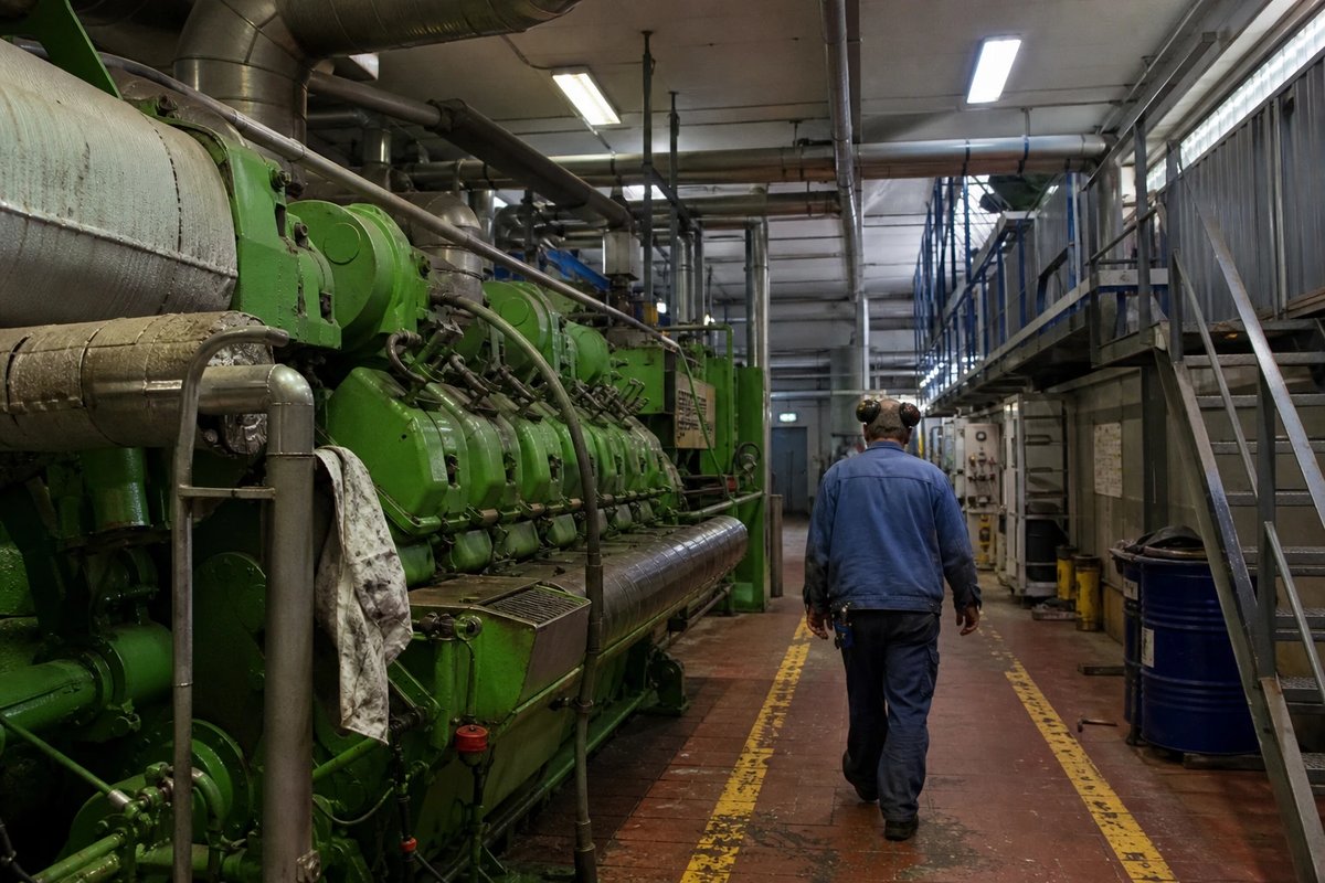 Engine hall of a municipal combined heat and power plant with a green gas engine, an operator walking down the aisle