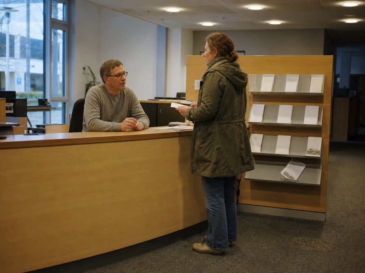 A customer holding a letter talks to an adviser at the service counter of a municipal utility shortly before closing time