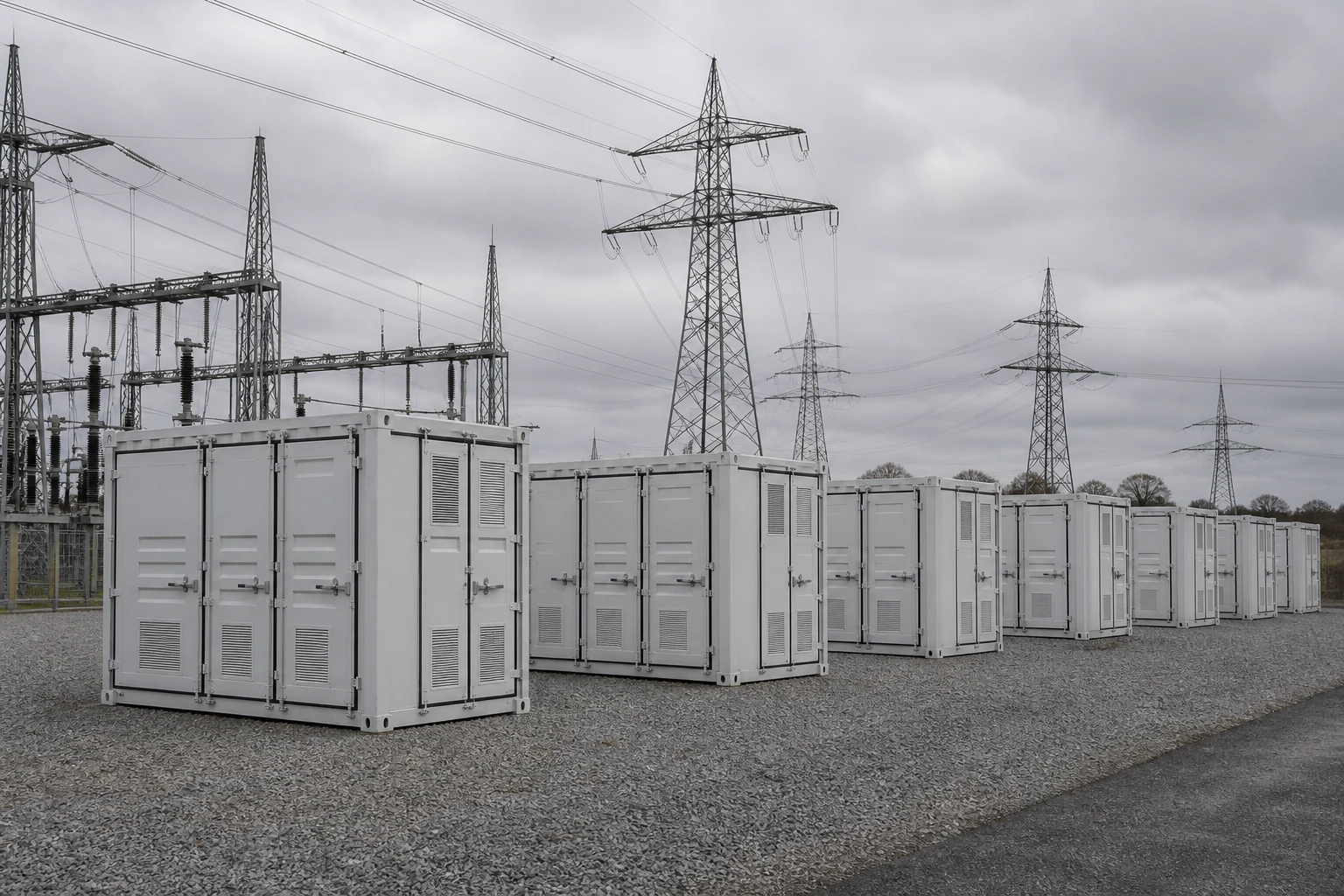 A row of large battery storage containers on a gravel compound next to a substation with high-voltage towers under an overcast sky