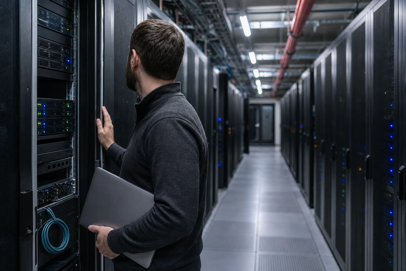 An IT security engineer stands in the aisle between two rows of dark server racks with blinking status lights, looking down the data hall corridor.