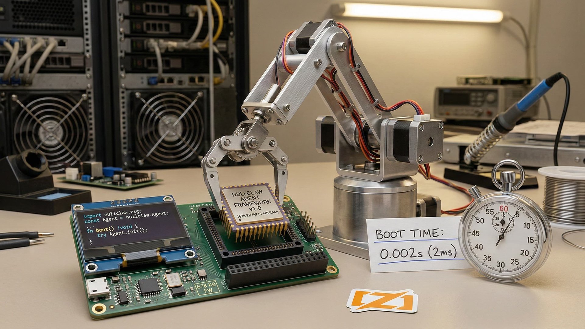 NullClaw AI agent framework in Zig - a robotic arm holding a microprocessor chip on a circuit board, next to a stopwatch showing 0.002s boot time and the Zig logo