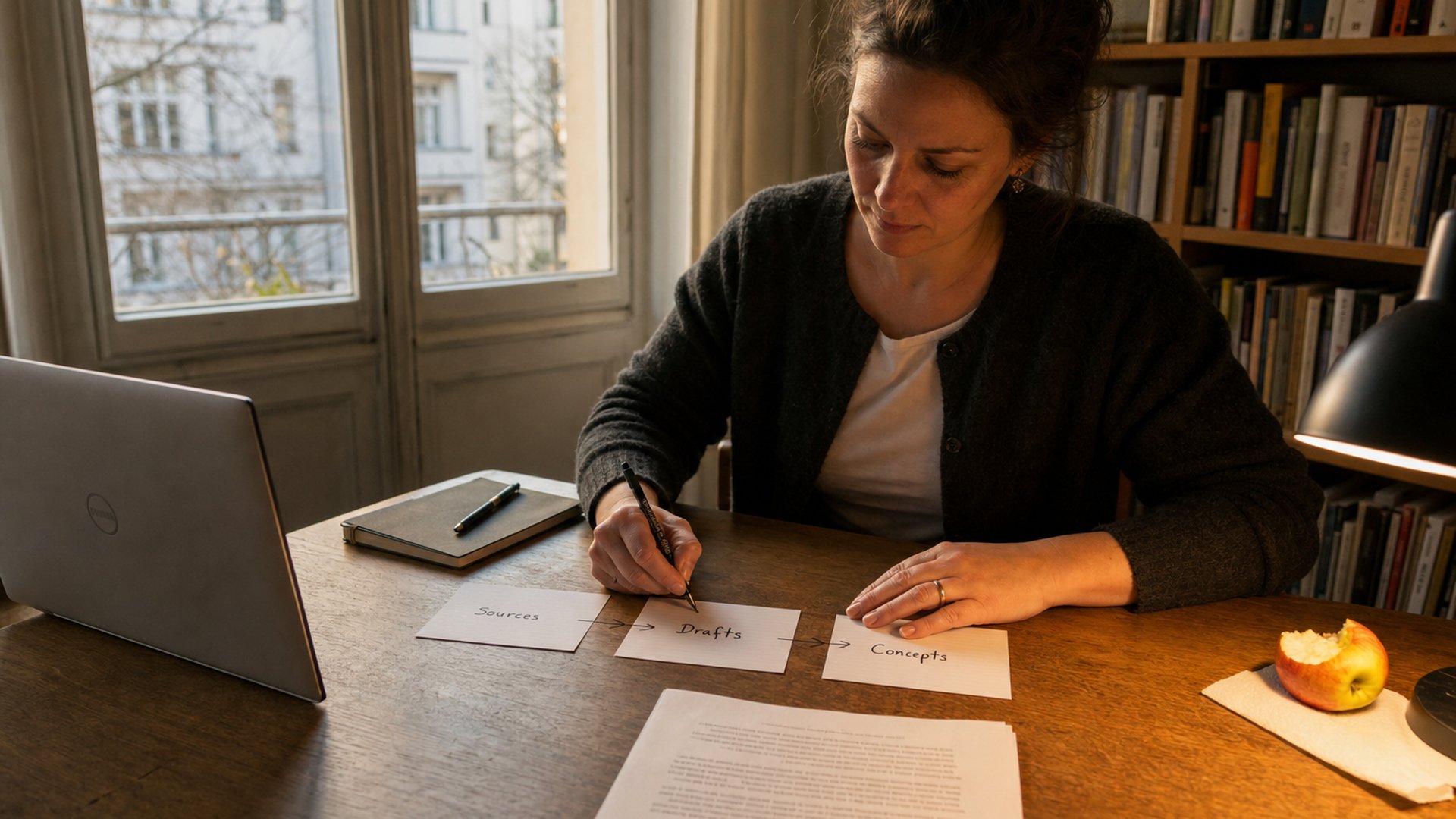 Independent research consultant in a Berlin Altbau apartment hand-arranging three index cards labelled Sources, Drafts and Concepts beside a half-closed laptop