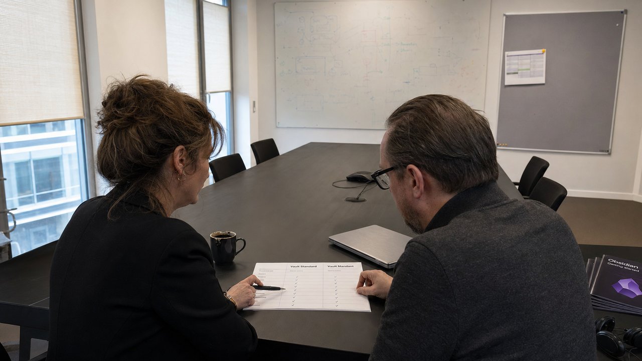 Knowledge management lead and IT security officer at a meeting table comparing a two-column data classification sheet for a standard vault and a client vault