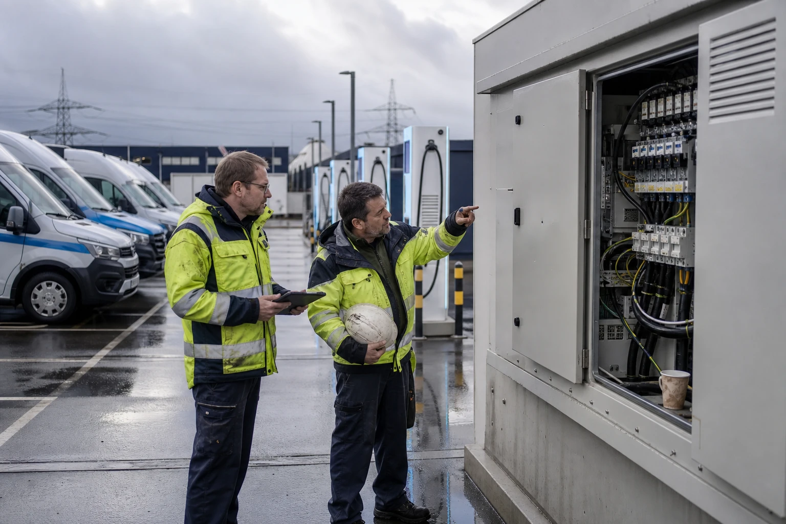 Two technicians of a distribution grid operator at a charging hub with fast charging pillars and electric vans, one inspecting an open low-voltage cabinet