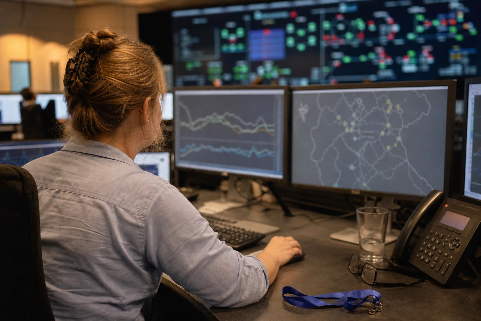 Grid operator control room: an operator at a desk in front of several monitors with grid load dashboards and a network map