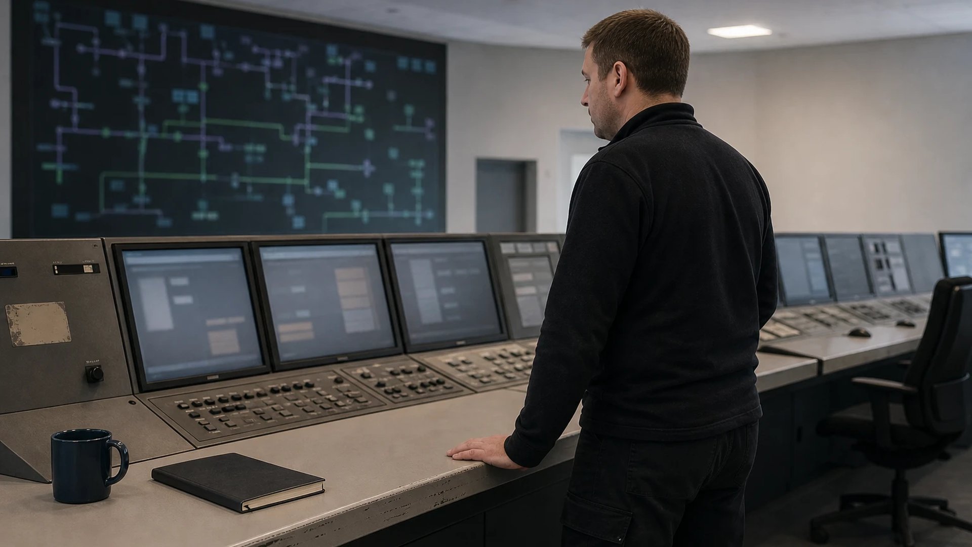 Control room of a regional grid operator, an engineer stands at a desk of industrial control panels and matte monitors, a large dim network overview on the wall behind
