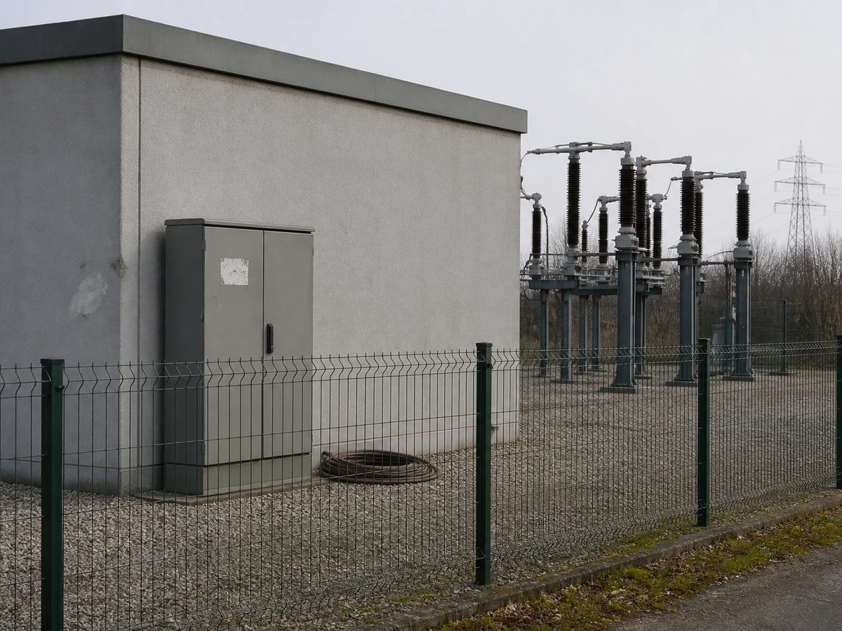 Fenced outdoor yard of a medium-voltage substation with a grey switchgear building, disconnector structures and a cable cabinet, an overhead line tower in the background