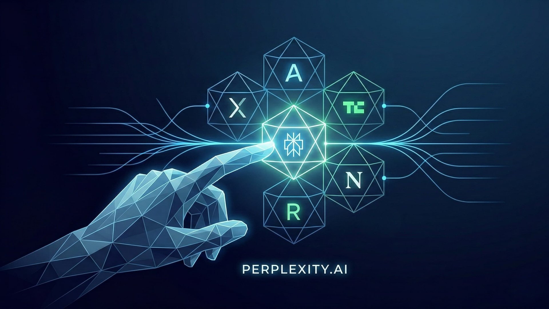 Perplexity Computer - Multi-agent AI platform with orchestrated AI models represented by connected geometric shapes and a hand interacting with the system