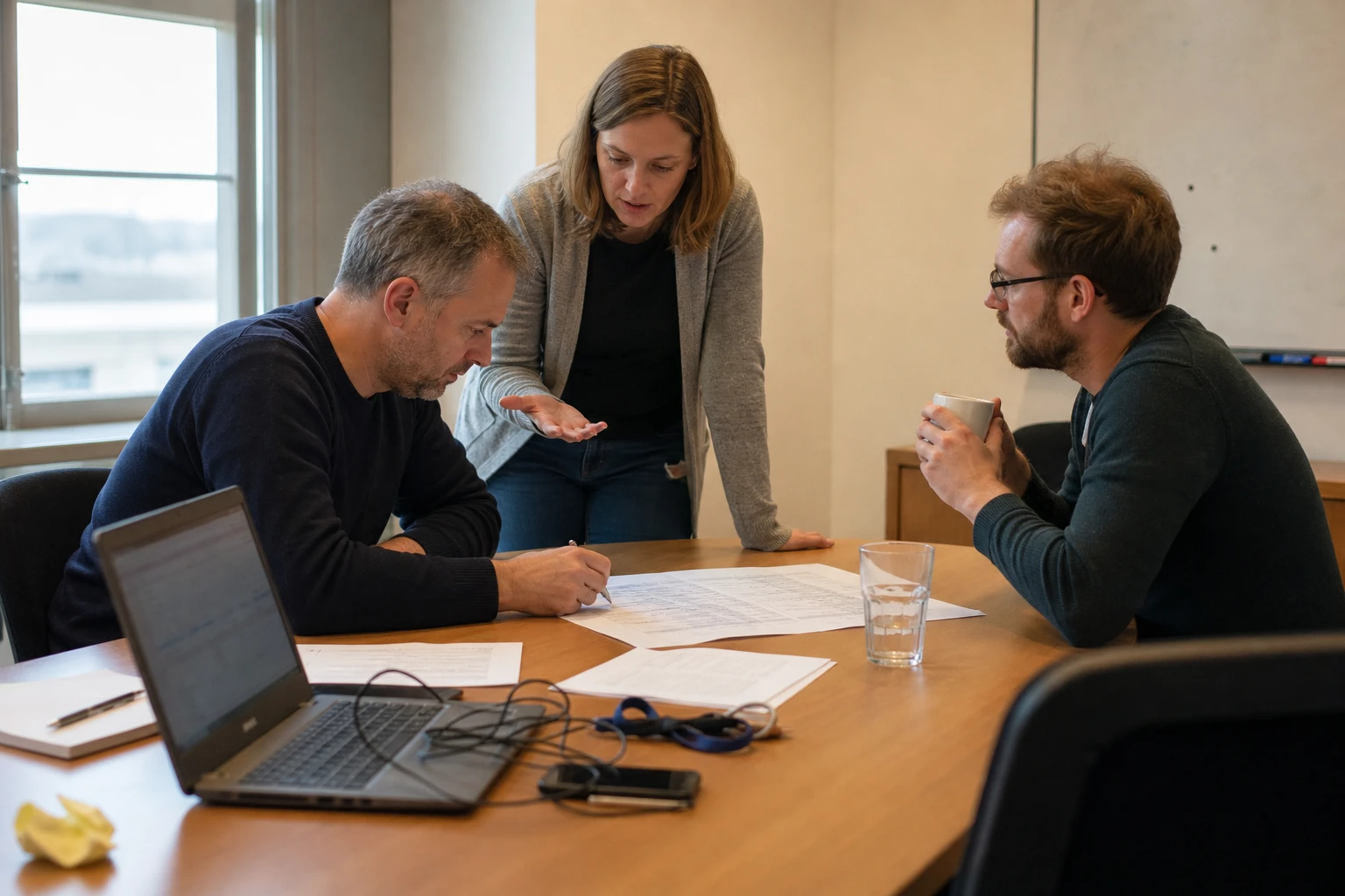 Three colleagues in a grid operator meeting room reviewing a printed migration plan