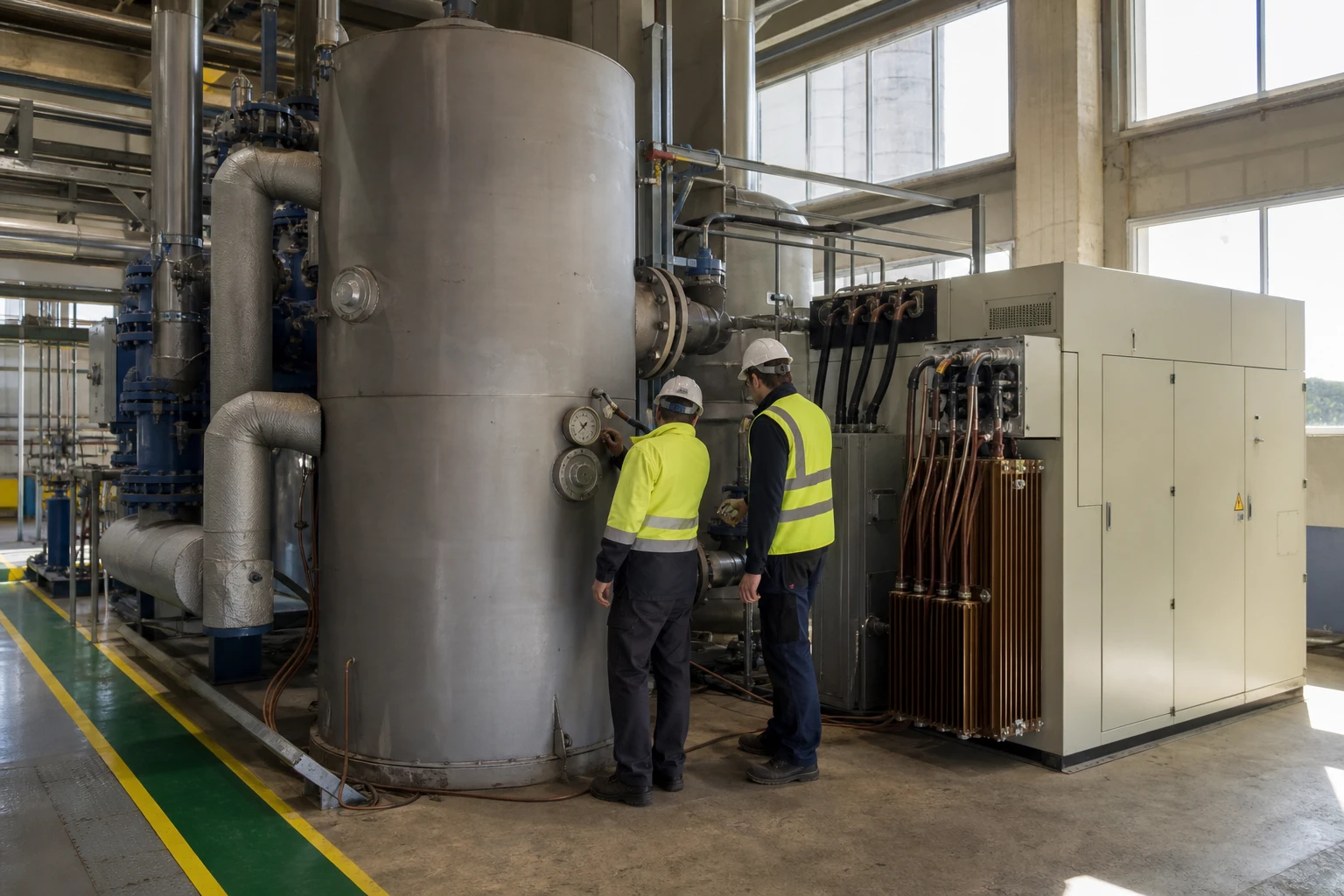 An electrode boiler in a heat plant, converting surplus power into district heat within minutes