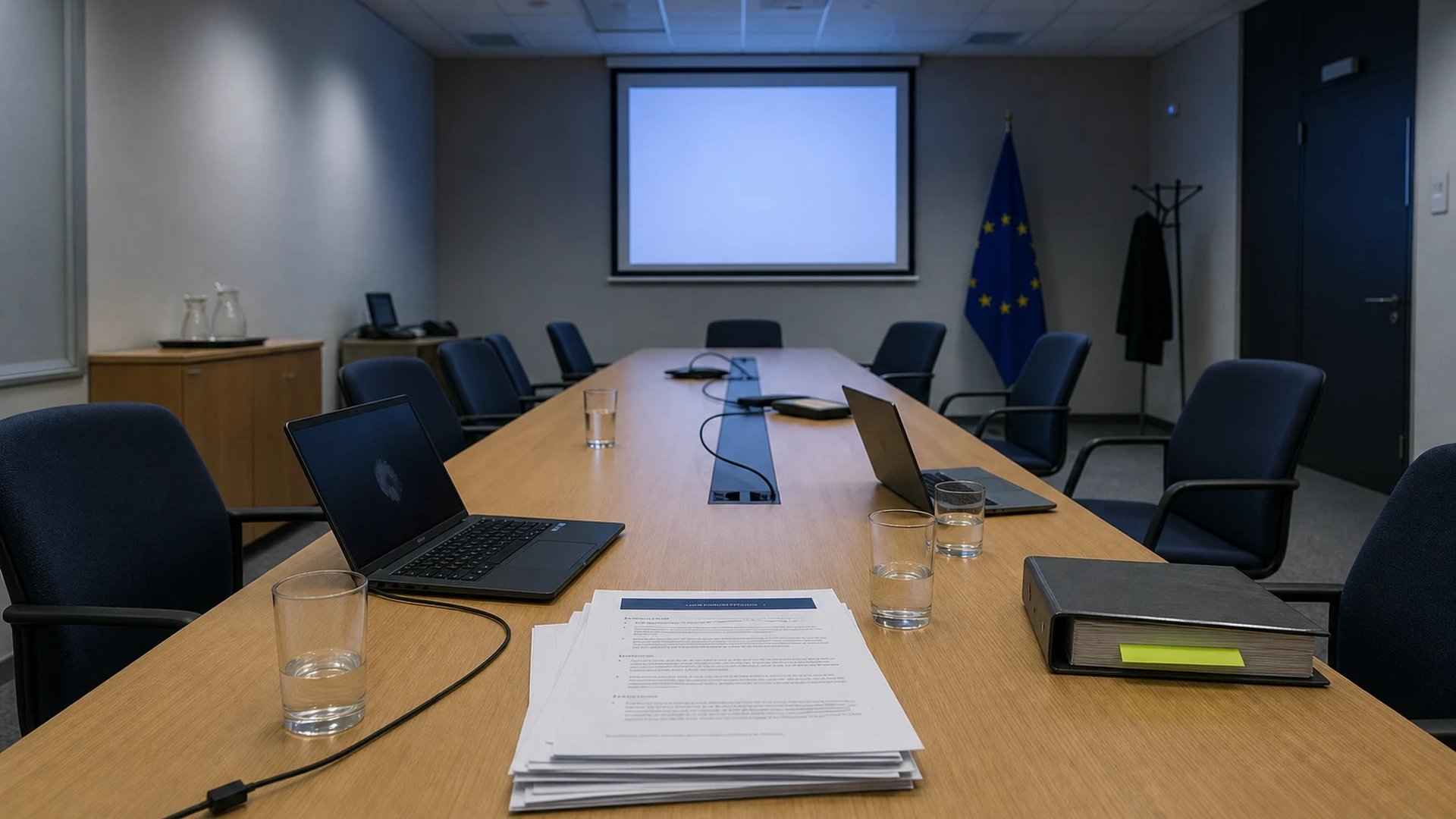 Empty EU agency briefing room after an AI security coordination meeting, laptops and documents left on the table