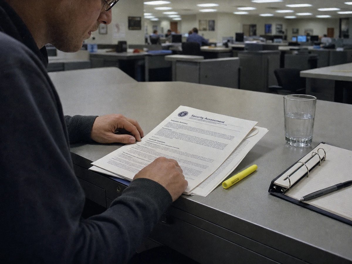 Security analyst at an EU government agency reading a multi-page technical report on AI vulnerability scanning at a desk