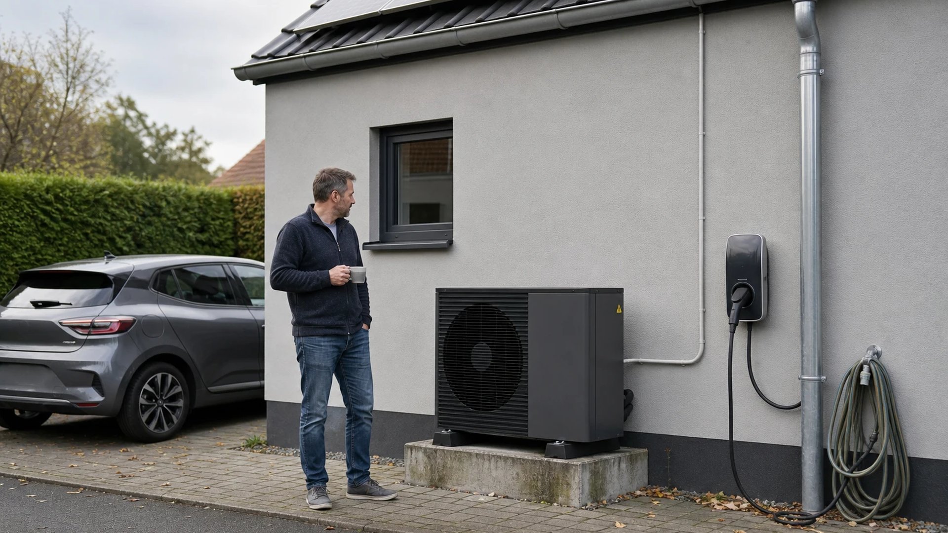 Single-family house with rooftop solar, a heat pump and a wallbox on the wall, an EV charging on the driveway and a resident with a coffee mug