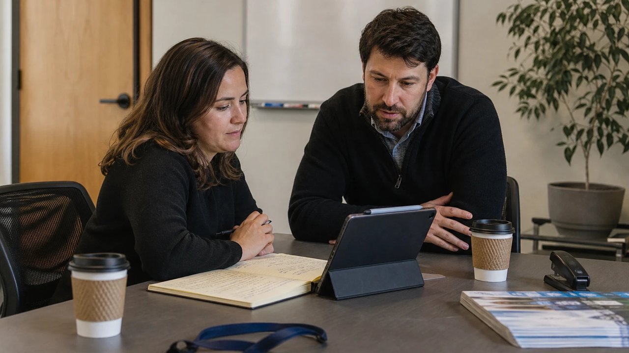 Two product managers at a utility sit at a table looking together at a tablet, with a notebook beside them