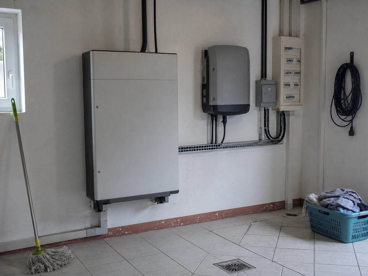 Utility room with a wall-mounted home battery, a grey inverter, a control box and the consumer unit
