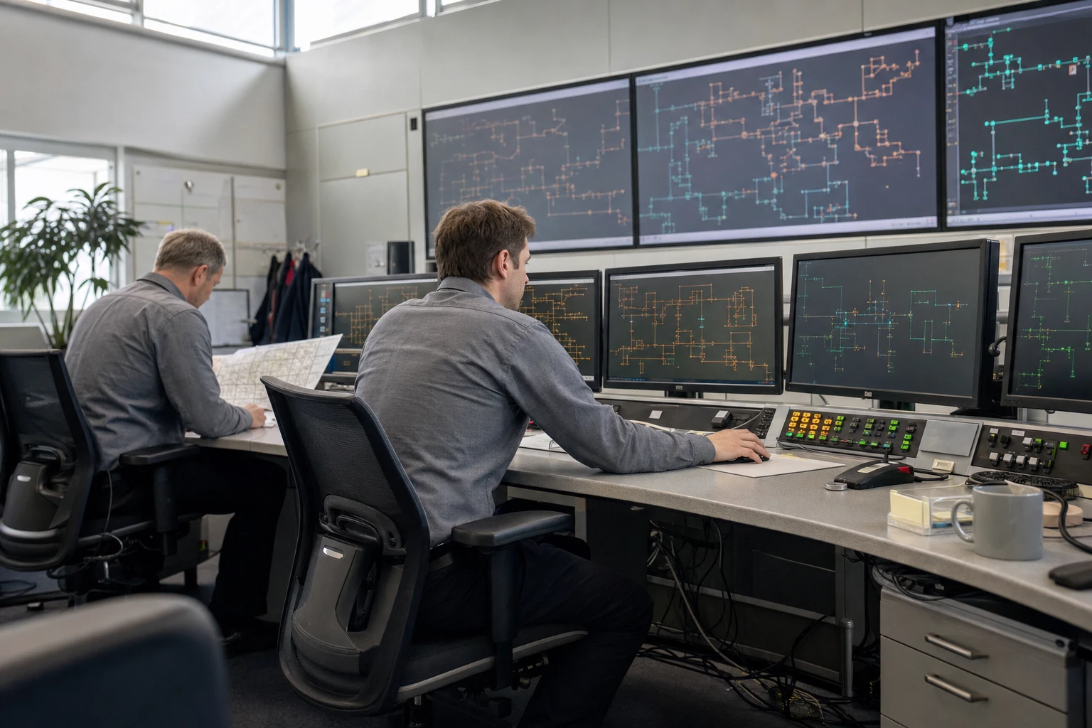 Two control-room operators at a municipal distribution utility watch a wall of monitors showing abstract grid schematics
