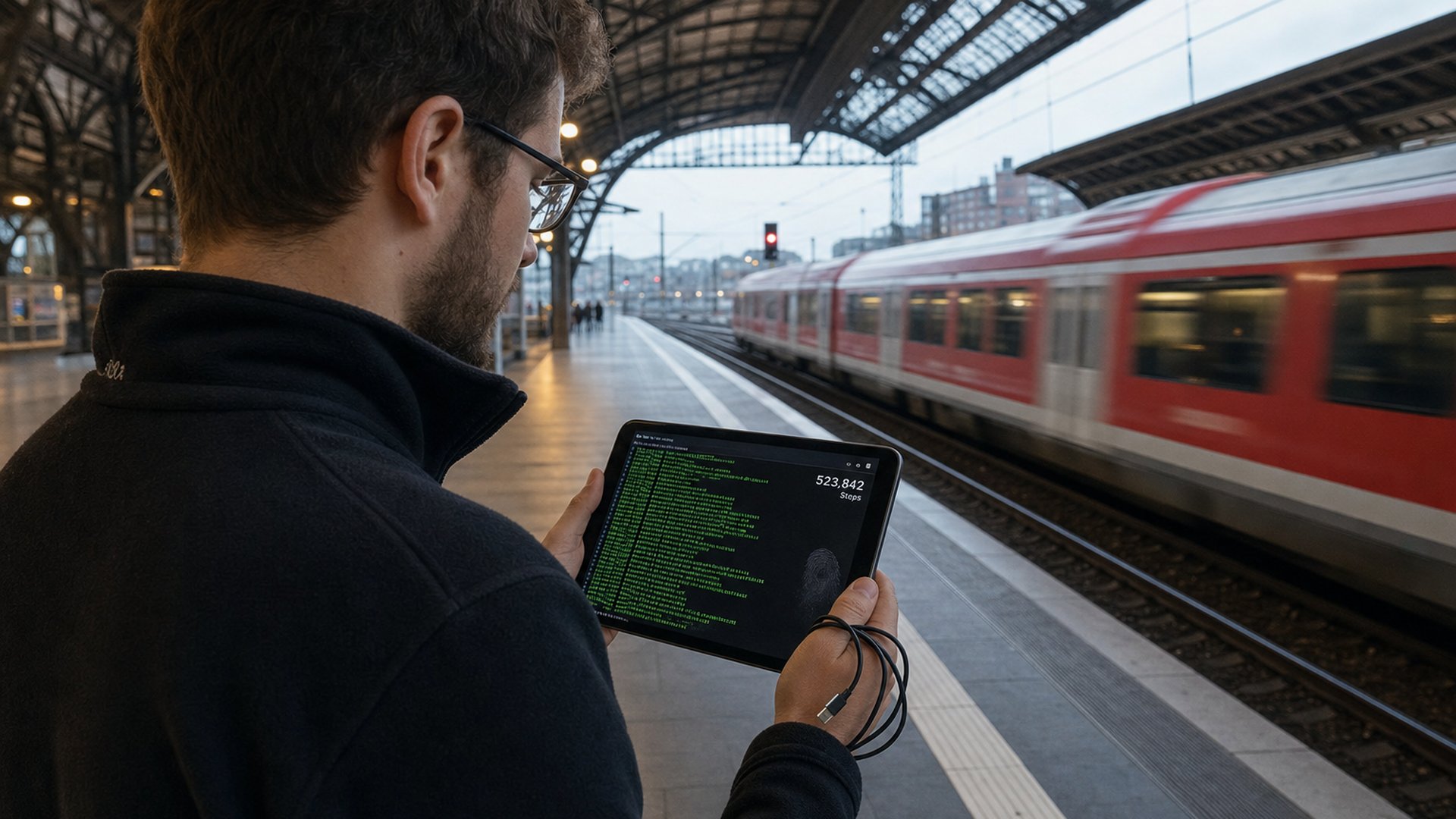 Developer on a train platform holding a tablet showing a running AI agent terminal session with green output lines