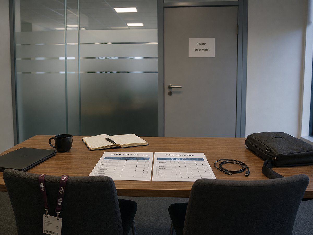 Empty meeting room with IT vendor risk assessment matrix on the table, prepared for review before AI deployment