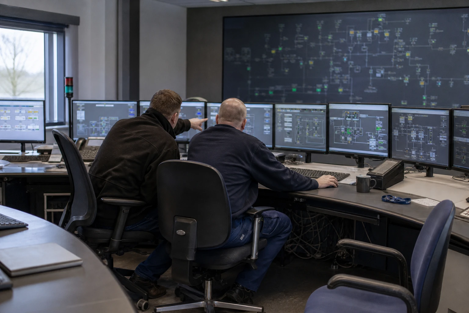 Two operators in a municipal utility control room sit in front of a wall of screens showing grid schematics and a large overview display, one pointing at a monitor