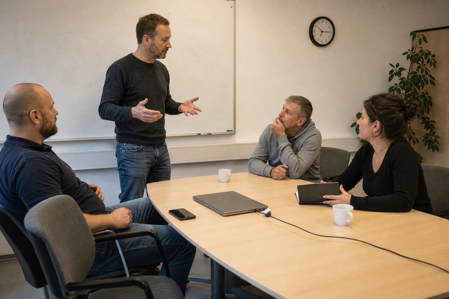 Four staff at a municipal utility in a meeting room during an incident briefing, one person standing and explaining at a blank whiteboard, a closed laptop and coffee cups on the table