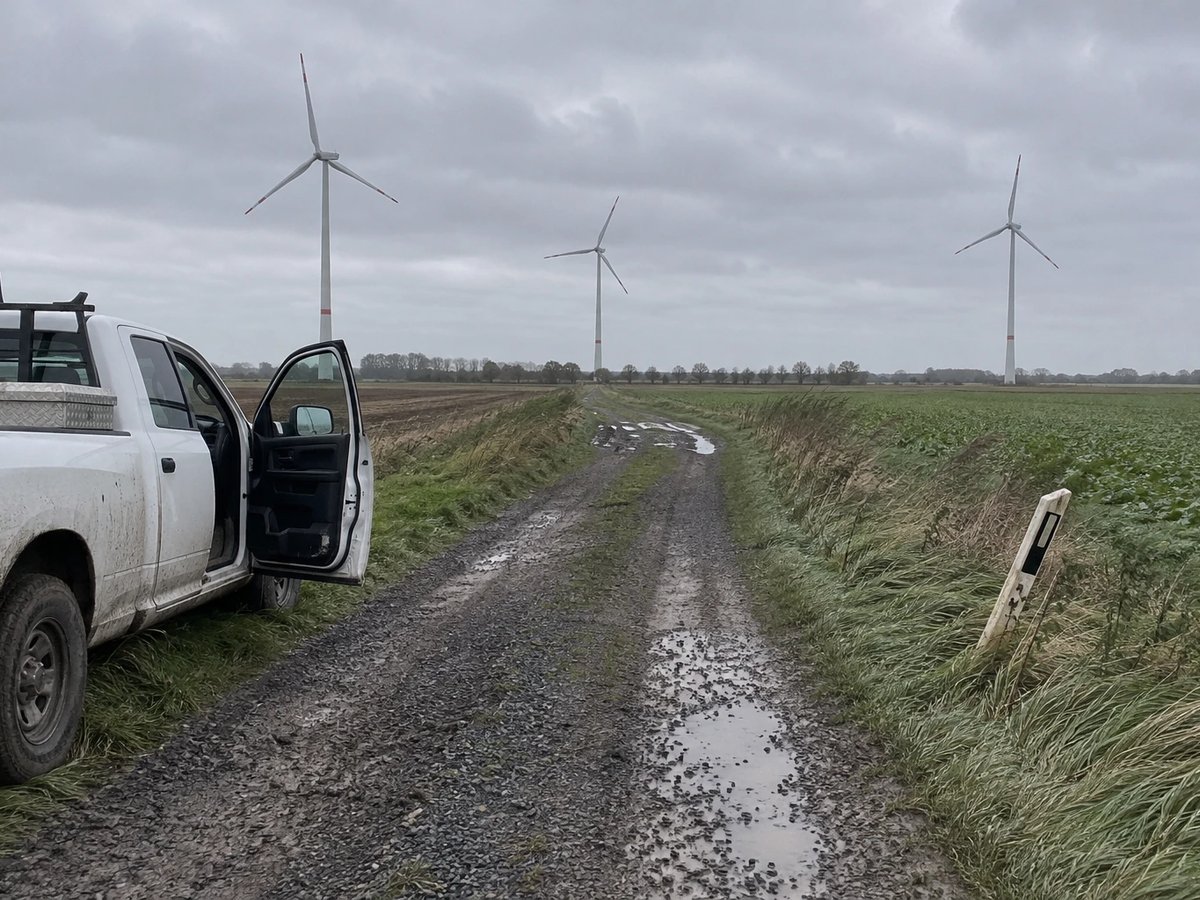 Service road of a wind park in East Frisia with idle turbines on a windy day and a pickup parked at the verge