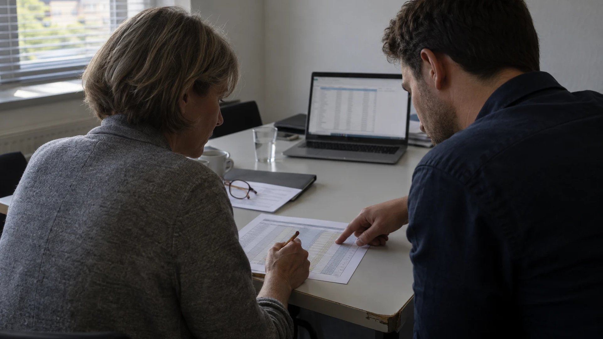 Regulation manager marking a column on a printed cost spreadsheet with a pencil while a colleague points at one line