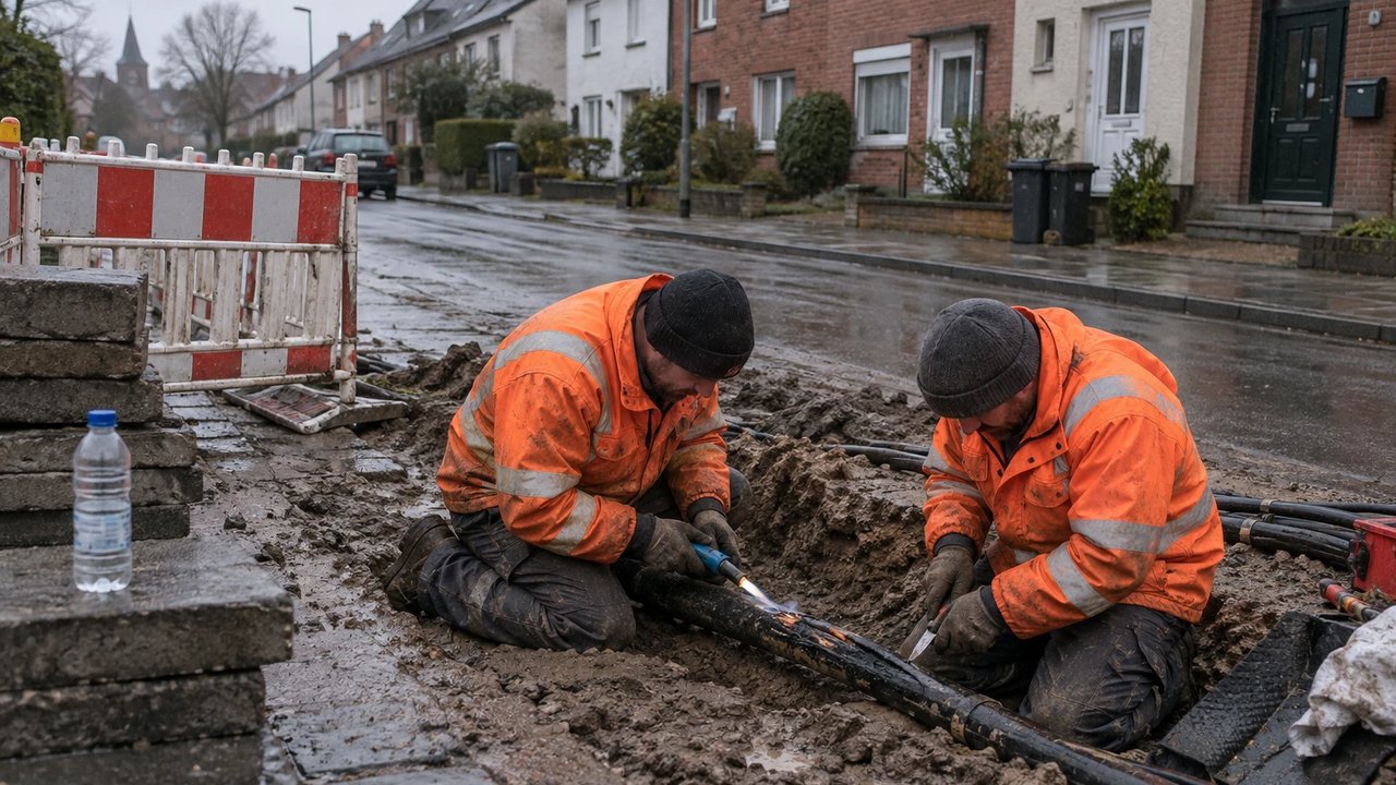 Two cable jointers in orange rain jackets working on a damaged medium-voltage cable in a pit in a residential street