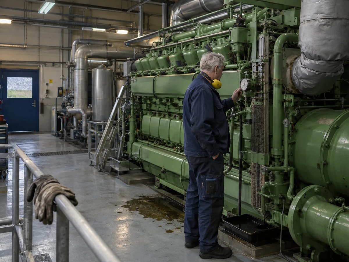 Plant operator reading a pressure gauge on a green gas engine in the engine hall of a combined heat and power plant