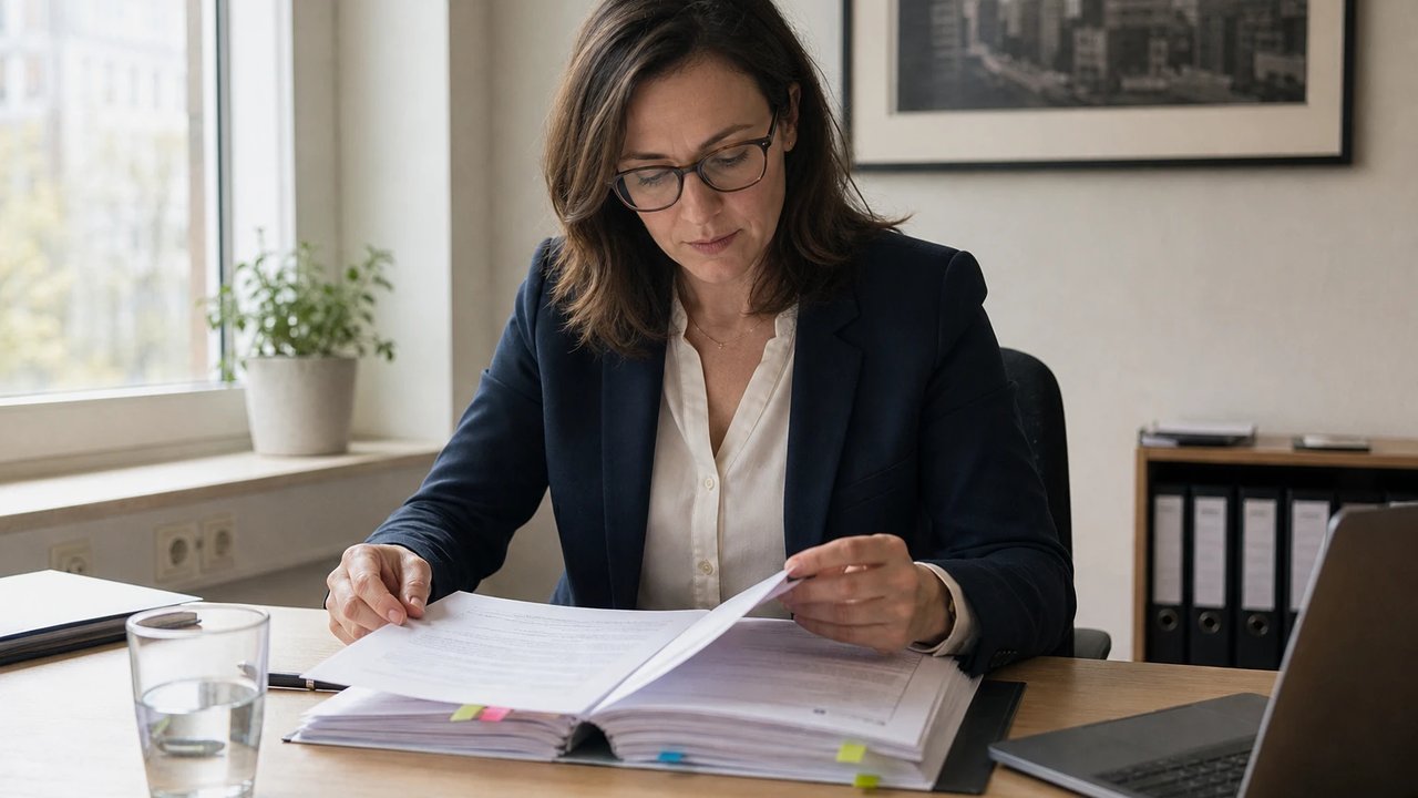 A compliance officer at a desk reviews a thick printed regulatory folder with colour-coded tabs.