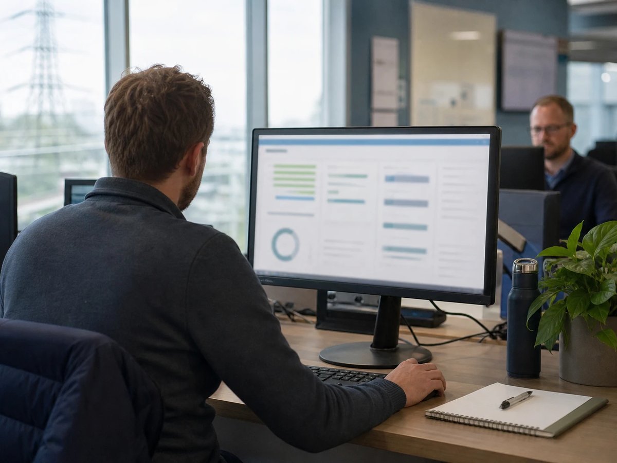 Over-the-shoulder view of a data analyst working on a reporting dashboard with abstract charts on a large monitor.