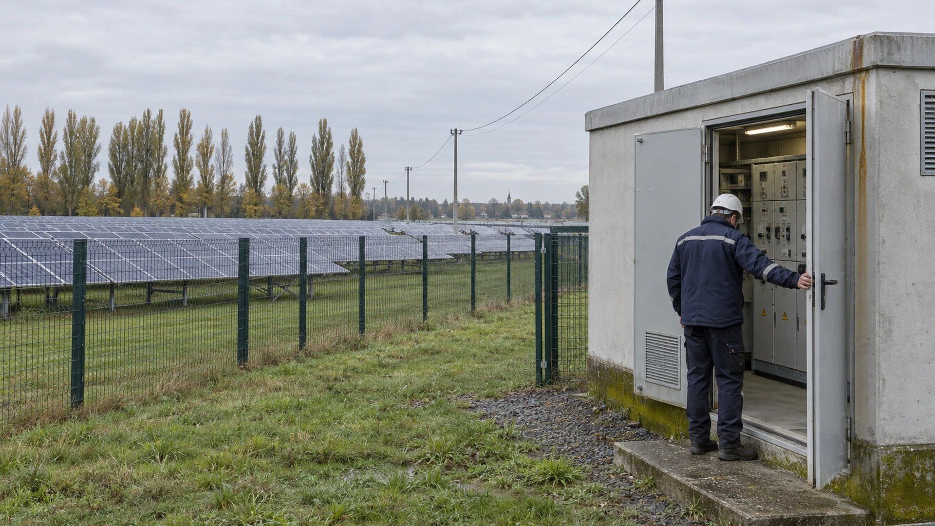 Grid operator technician at the open transfer station of a solar park on flat farmland in Brandenburg