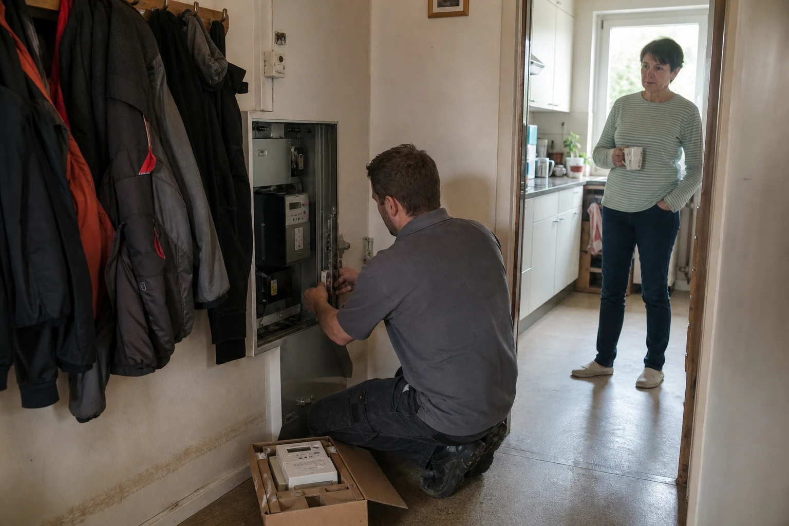 A fitter kneeling in a hallway in front of an open meter board, the new metering system still in its carton, the resident watching from the kitchen doorway