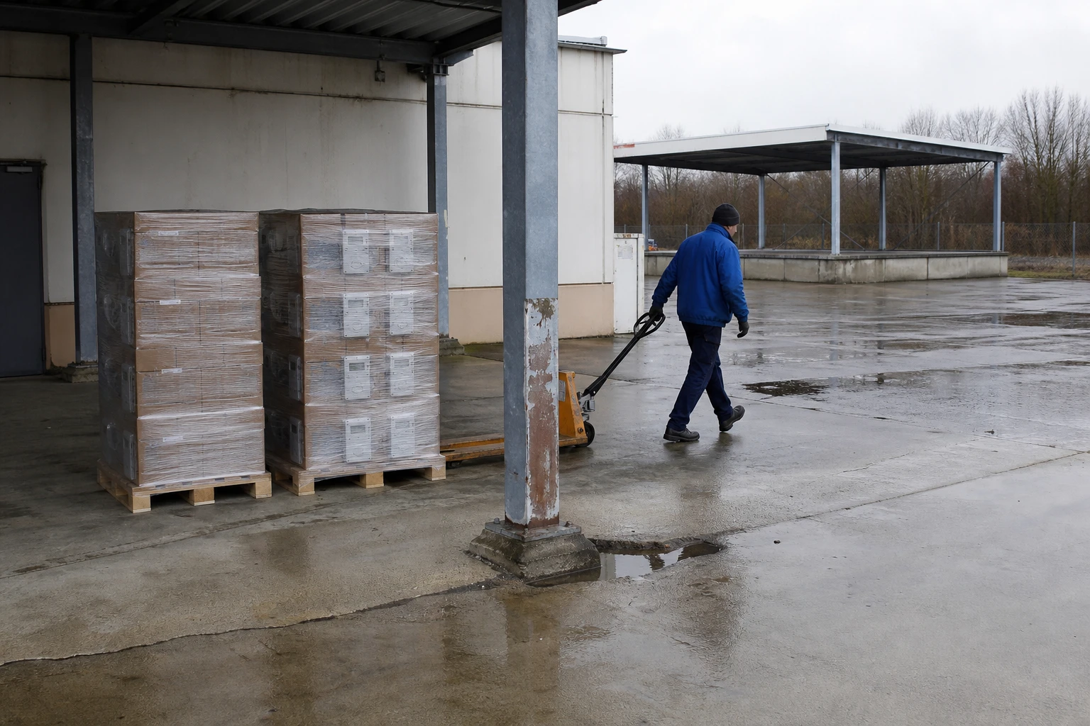Two pallets of boxed metering systems under an open canopy behind a municipal utility depot, a warehouse worker pulling a pallet truck alongside