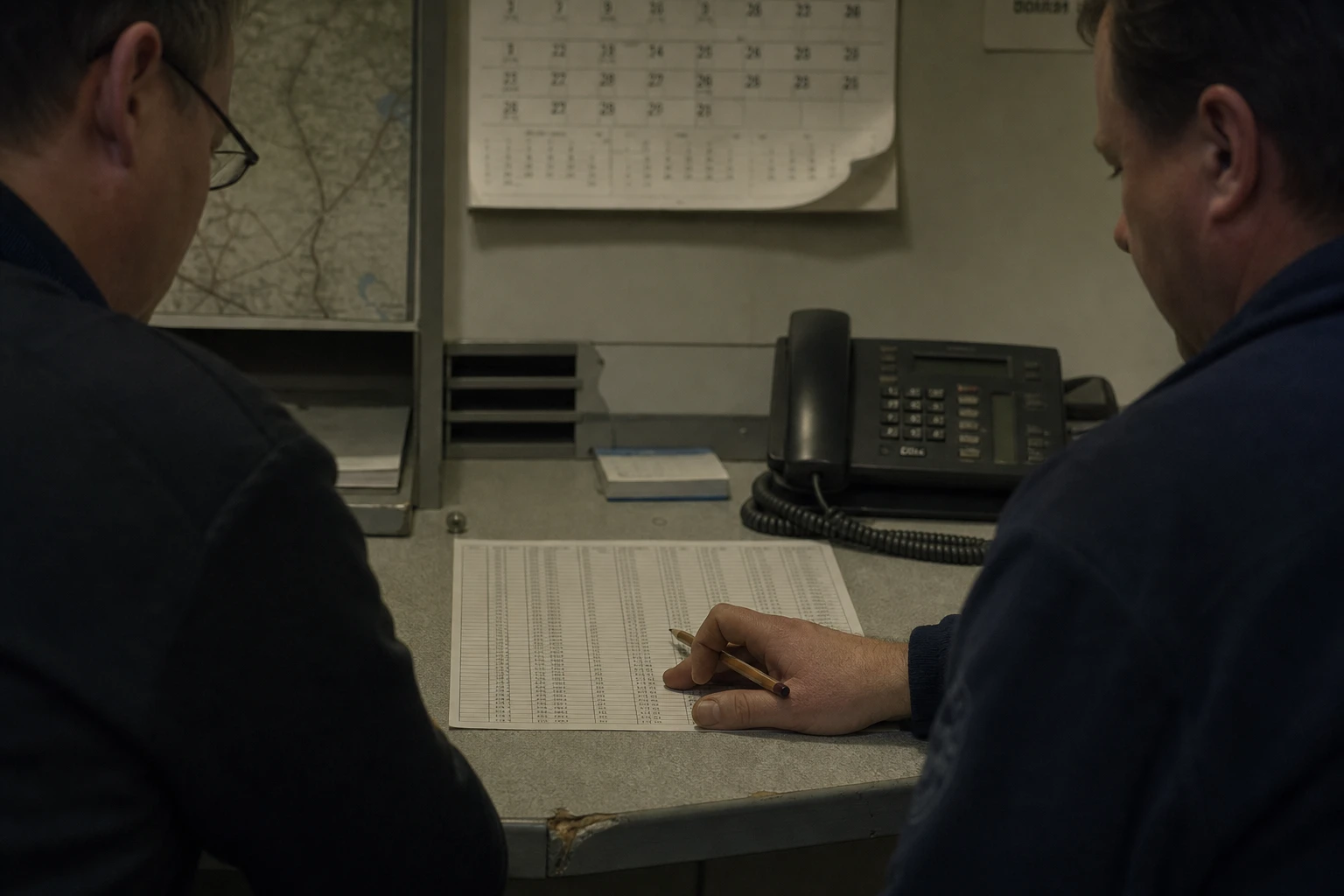 A desk in the rollout planning room of a municipal utility with a route list lying flat, a hand holding a pencil and a desk phone pushed to the edge