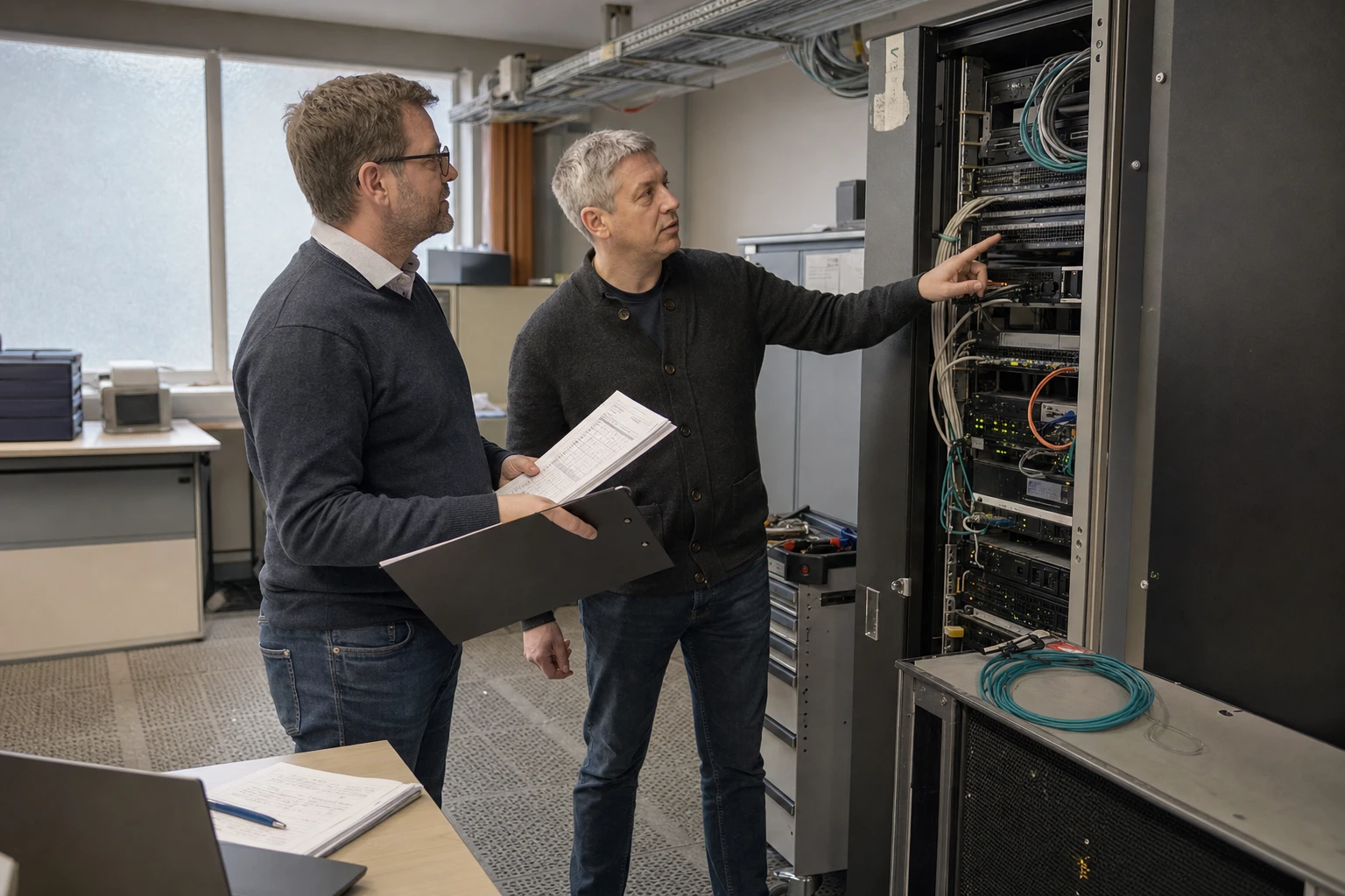 Operations manager and colleague at a German municipal utility checking a server rack and printed migration checklists during a planning session
