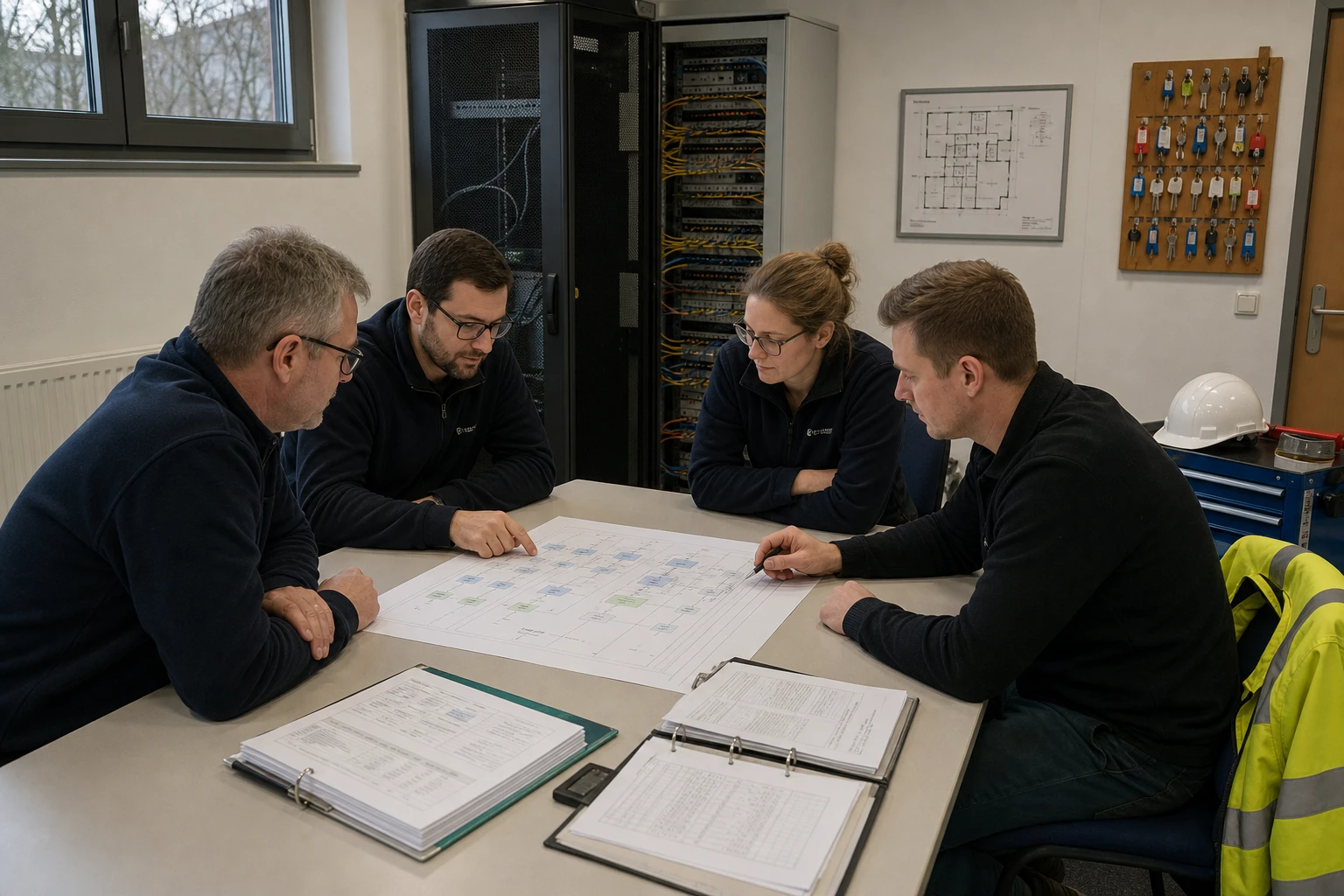 A small team in a German municipal utility operations room reviewing printed process maps and ring binders beside a server cabinet and patch panel