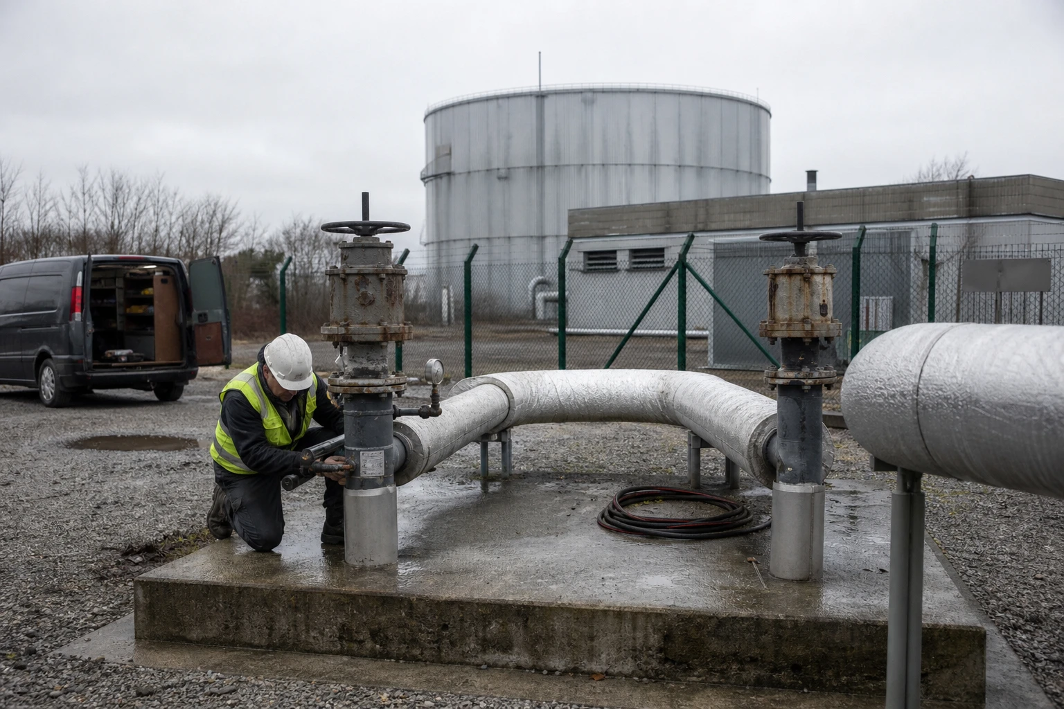 Industrial yard at a district heating plant with two well heads of an aquifer store, insulated pipes and a steel buffer tank in the background, a technician checking a valve